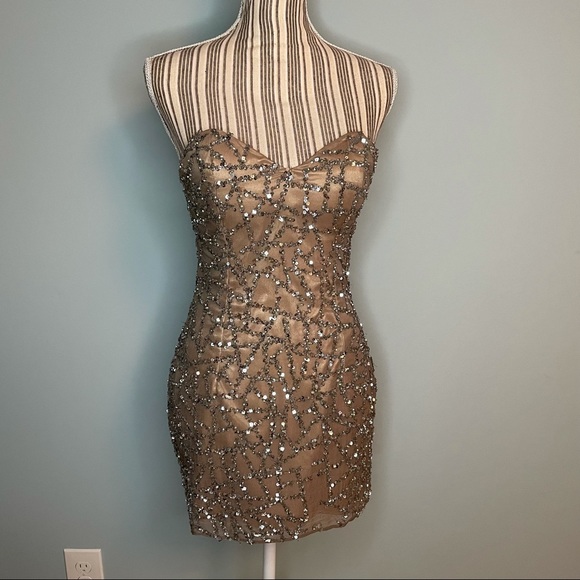 Scala nude silk silver sequin strapless mini dress - Picture 2 of 11